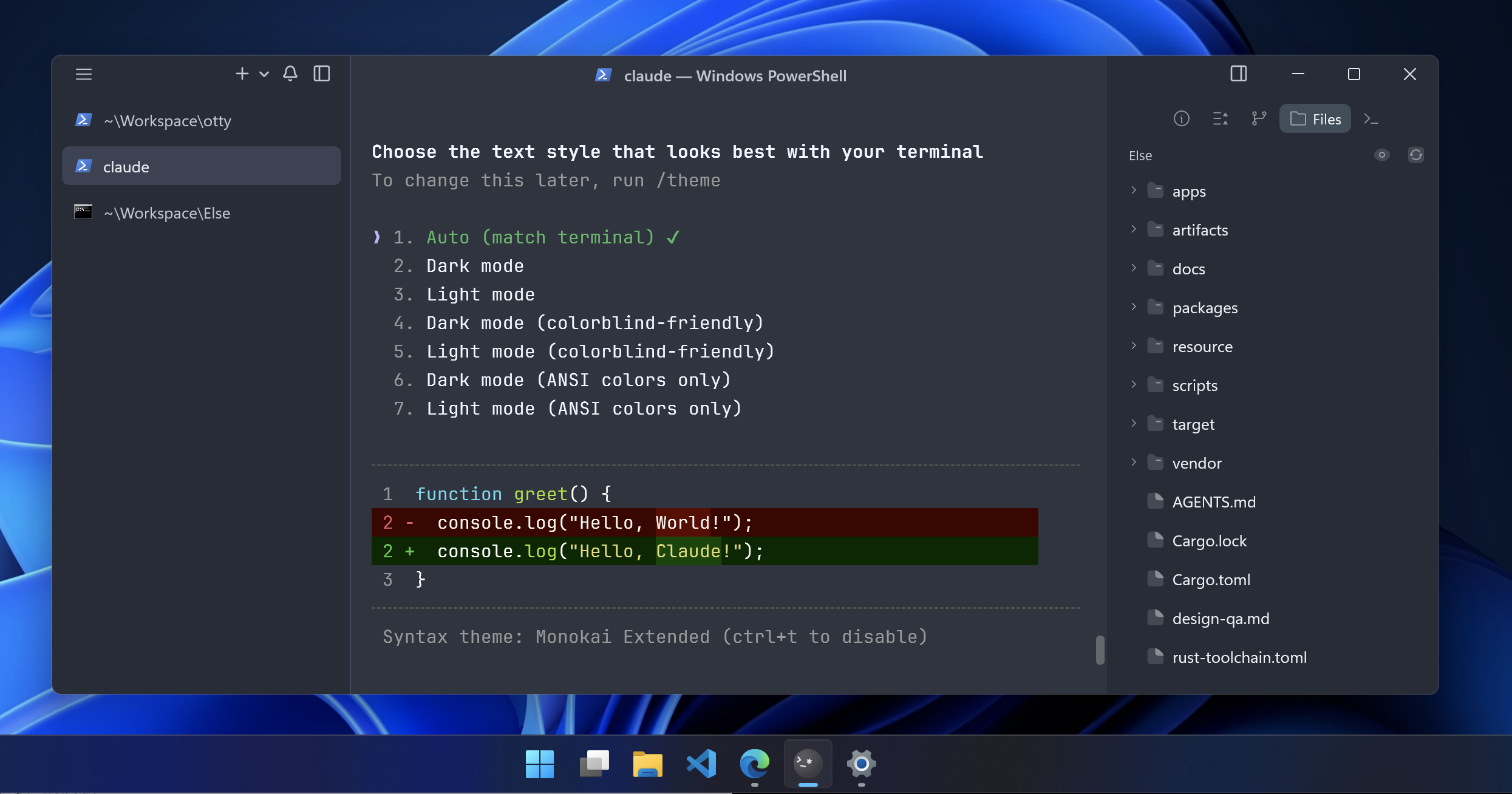 Otty on Windows 11 in dark mode: Claude Code in a PowerShell tab, the session sidebar on the left and the Files panel on the right