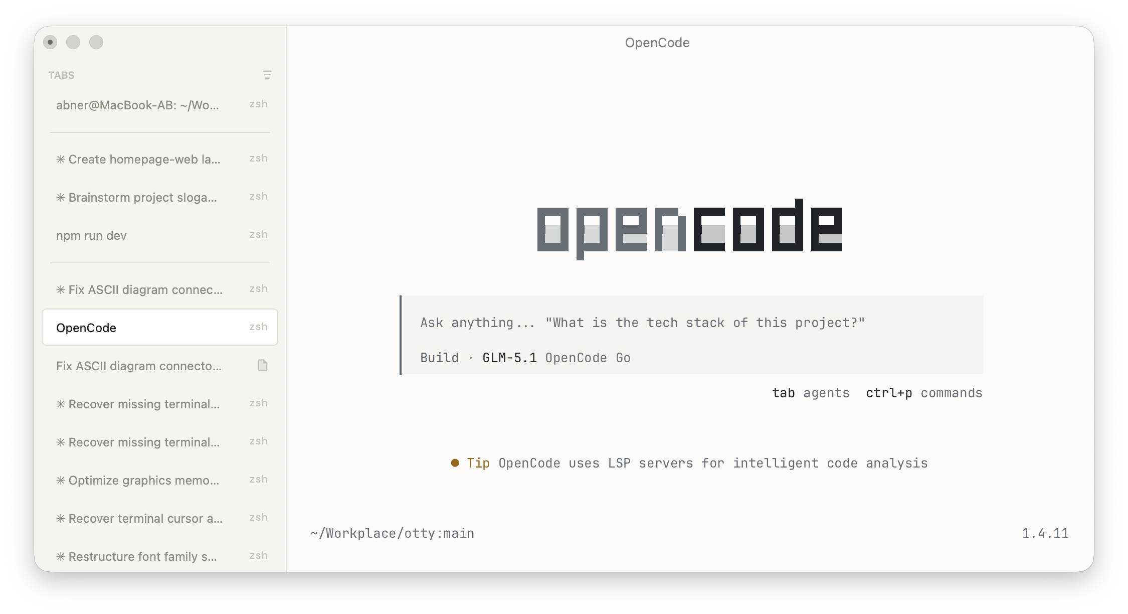 Otty terminal running an OpenCode session